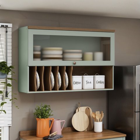 Armário Aéreo Porta Basculante 120cm Cozinha com Nicho Mdf Cor:mint com Ébano