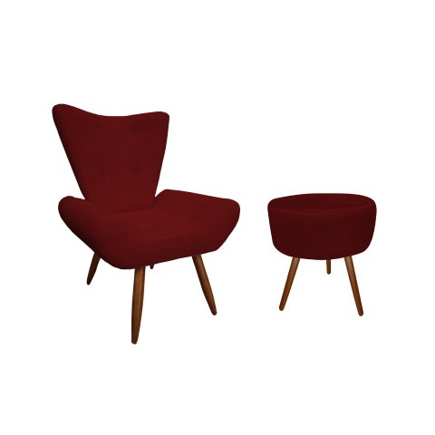Kit Poltrona Decorativa Emilia + Puff Redondo Suede Marsala Pés Madeira Mz Decor