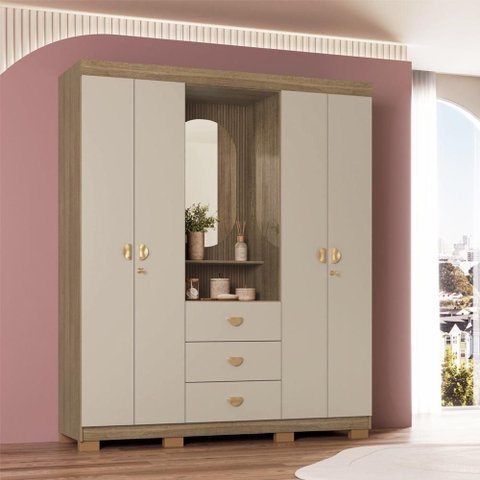 Guarda Roupa Casal Capelinha Aurora 4 Portas de Bater 3 Gavetas MDP com Espelho Nature-Fendi Vila