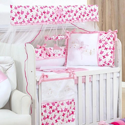 Kit Protetor Berço Bebê Menina Imperial Rosa Palha 8 Peças em