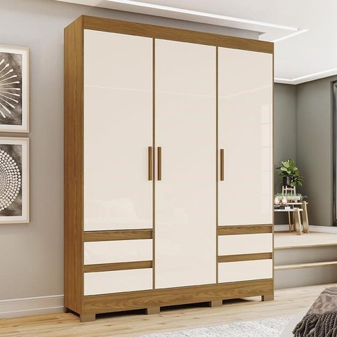 Guarda Roupa Solteiro Lema 3 Portas e 4 Gavetas Nature/Off White - Móveis Briz