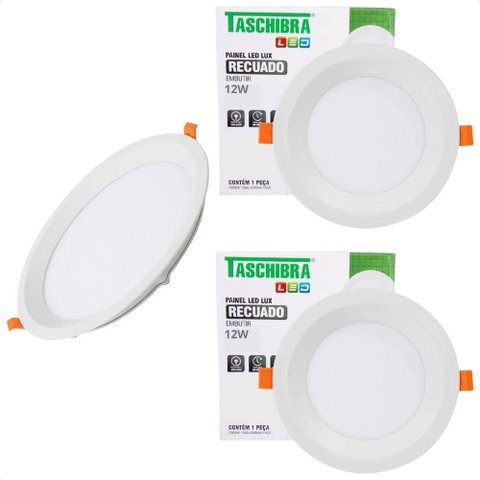 Kit 3 Painel de Led Redondo Embutir Recuado 12w Bivolt Taschibra 6500k Frio