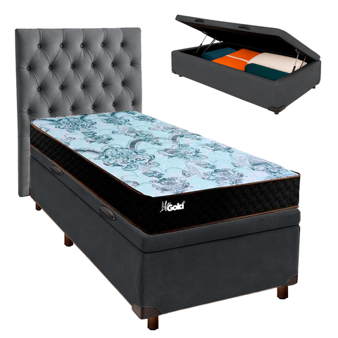 Conjunto Cama Box Bau Cinza Solteiro + Colchão Molas Ensacadas Life Gold Paropas + Cabeceira