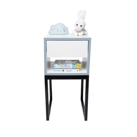 Mesa de Cabeceira Branca 30cm Eco Quarto Infantil Azul Menino Base Ferro Preta
