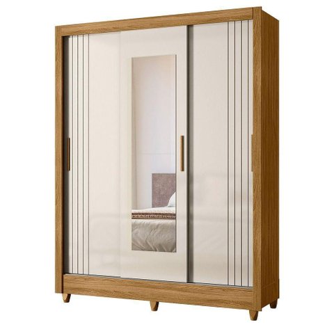 Guarda Roupa Bolivia 3 Portas de Correr Freijo com Off White Fosco com Espelho - Moval