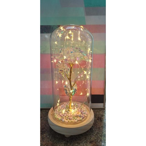 Luminária Galáxia Luzes de Fada Redoma de Vidro e Base de Madeira - P: (19 Cm de Altura por 10 Cm de