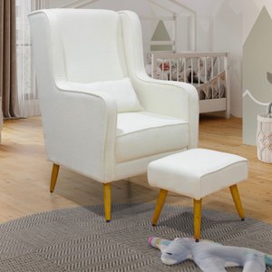 Poltrona de Amamentação Pé Palito Eduarda com Puff Linho Bege - Lg Decor Baby