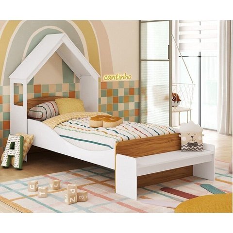 Cama Infantil com Cabeceira Casinha e Banco Lola 100% MDF Espresso Móveis Branco/Brilho/Amêndoa