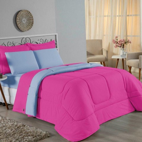 Kit Edredom Dupla Face + Jogo de Lençol King Nobre 6 Peças Malha 100% Algodão - Pink / Azul-bebê