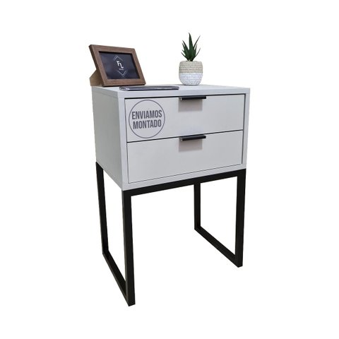 Mesa de Cabeceira Off White 40cm Eco Industrial 2 Gavetas Quarto Cama Base Metal Preta Puxador Preto