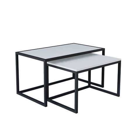 Conjunto Mesa de Centro Industrial 84cm e 80cm Aço Preto Madeira Branca Don Castro Decor Industrial