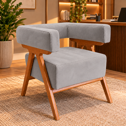 Poltrona Decorativa Mirela Suede Design Moderno Pés Madeira:Cinza