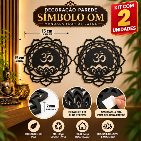 Kit 2 Unidades Decoração Parede Símbolo “Om” – Mandala Flor de Lótus:Preto
