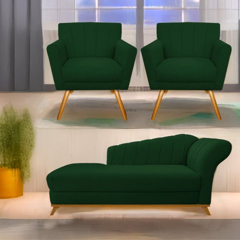 Kit Diva Recamier Vanessa 185cm Lado Esquerdo e 02 Poltronas Laura Suede - Doce Sonho Móveis RECAMIE