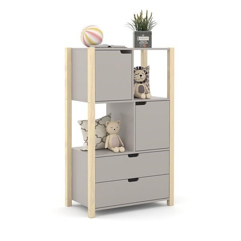 Armário Organizador Kids Liv com 2 Portas e 2 Gavetas Cinza/Natural - Matic Móveis