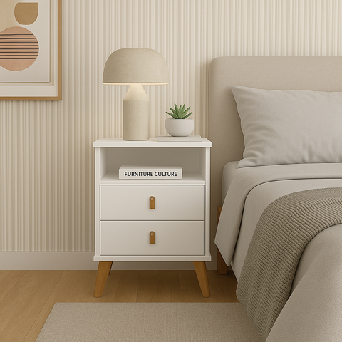 Mesa de Cabeceira Roma Puxadores em Couro 2 Gavetas 1 Nicho:off White