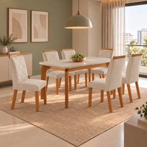 Conjunto de Mesa de Jantar Dublin 180 Tp MDF Vidro Canto Copo 6 Cadeiras Irlanda