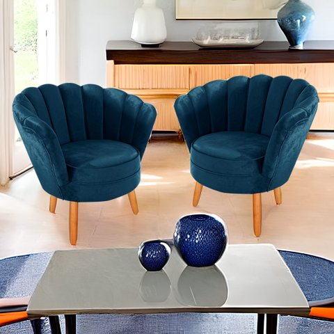 kit 02 Poltronas Pétala Decorativa para Sala e Quarto Pés Palito Veludo Azul Marinho - W&D Decor