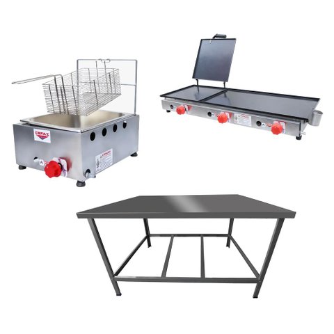 Kit Lanchonete Mesa de Manipulação 100x55cm + Fritadeira a Gás 1 Cuba + Chapa a Gás 90cm