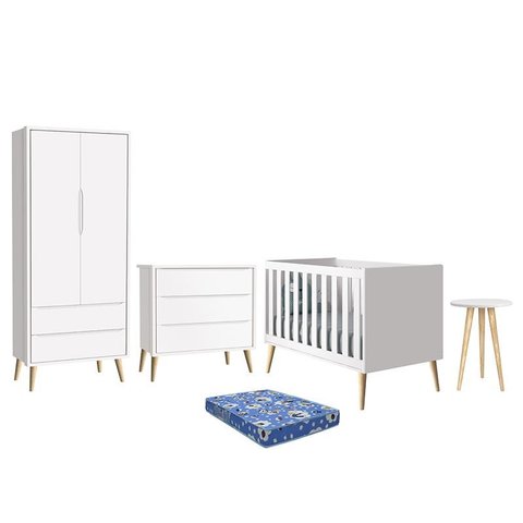 Dormitório Theo Retrô 2 Portas, Cômoda, Berço, Mesa de Apoio Branco Fosco com Pés Madeira Natural e 