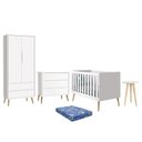Ver imagem 1 de Dormitório Theo Retrô 2 Portas, Cômoda, Berço, Mesa de Apoio Branco Fosco com Pés Madeira Natural e
