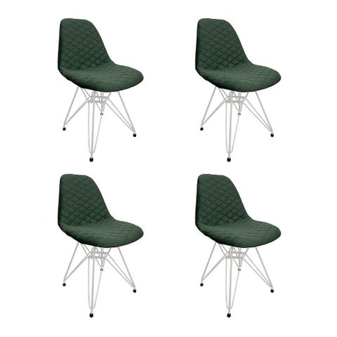 Kit 4 Cadeiras Jantar Estofadas Verde Eiffel Eames Base Ferro Branco - Cor: Verde