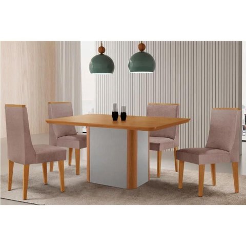 Conjunto: Mesa de Cozinha Pietá Tampo Curvo 120cm+4 Cadeiras Dakota Madeira Naturale/Off White -