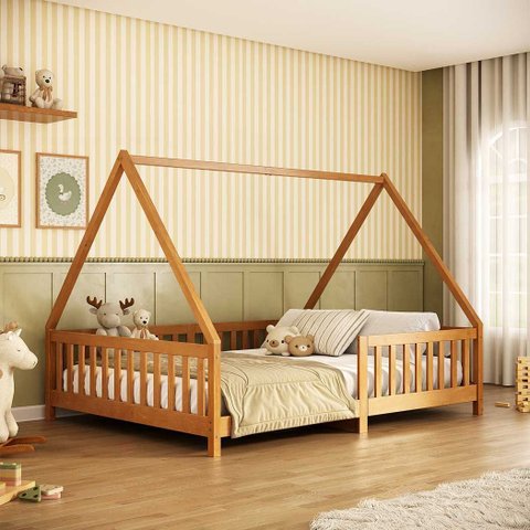 Cama Casal Montessoriana Infantil Telhado Removível Madeira Mel com Estrado Ravi Idimex