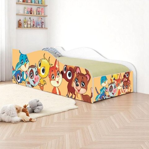 Cama Solteiro Infantil Bichinhos com Colchão MDF Branco Unissex Casah
