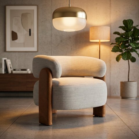 Poltrona Curva Orgânica Moderna Linho Bege Corino Caramelo Linha Premium Sala Quarto Recepção Escrit