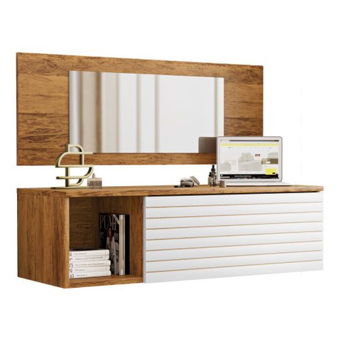 Penteadeira para Maquiagem Jolly com Bancada Suspensa 01 Gaveta e Espelho Nature Branco - Abmaza
