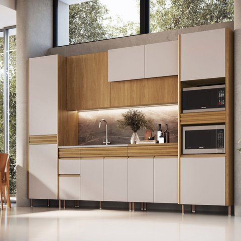Cozinha Modulada 6 Peças 5 Gavetas Ripadas 328cm com Pés Tampo e Torre Quente 100% BP Organic Marrom