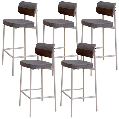 Kit 05 Banquetas Alta Bar Cozinha Sala de Jantar Aço Branco Kaira C01 Linho Cinza Courino Whisky - L