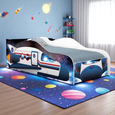 Cama Solteiro Infantil Foguete Espacial Kids Azul em MDF para Quarto Unissex