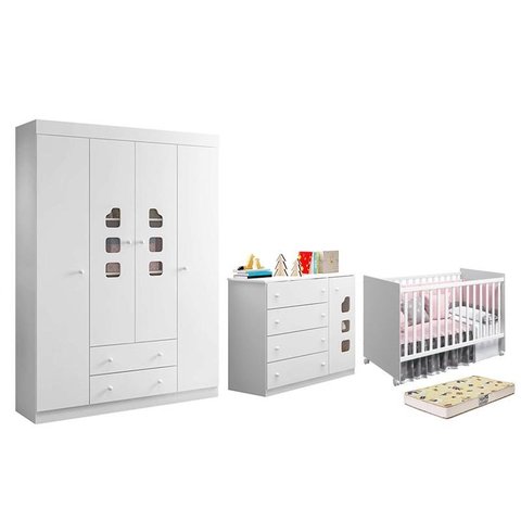 Dormitório Lívia Guarda Roupa, Cômoda e Berço Tico Branco com Colchão Supreme - Phoenix Baby