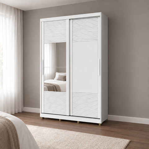 Guarda Roupa 2 Portas de Correr 235x152 cm Bordeaux Branco com Espelho 100 % MDF Casamia