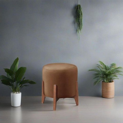 Puff Estofado Decorativo Redondo Sala de Estar Madrid Suede Capuccino