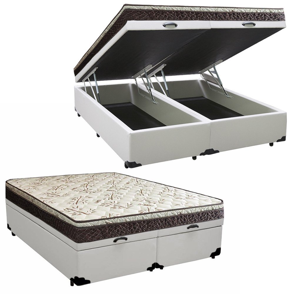 Cama Box Baú Queen Sintético Bipartido + Colchão Elegance Ortopédico Espuma D33 Extra Firme 158x198x