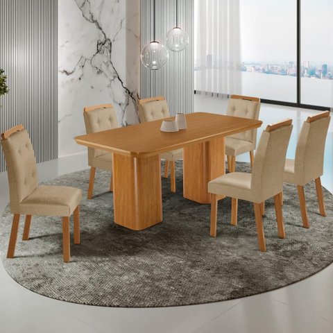 Conjunto Mesa de Jantar 180cm com 6 Cadeiras Estofadas Multimóveis Crrft-CON052 Madeirado/Bege