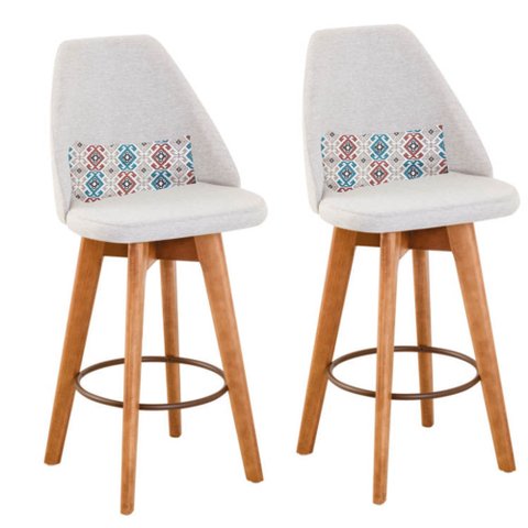 Kit 02 Banquetas Alta Maya Giratória Com Encosto Gourmet Linho Bege e Almofada Mosaico - Gat
