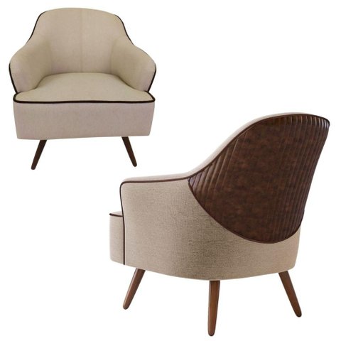 02 Poltronas Decorativas em Linho Bege Pés Palitos em Madeira Maciça Sol Harmônica Móveis