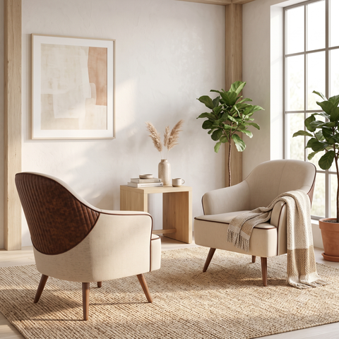 02 Poltronas Decorativas em Linho Bege Pés Palitos em Madeira Maciça Sol Harmônica Móveis