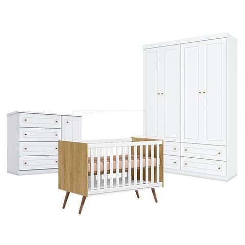 Quarto de Bebê Americano 4 Portas Com berço Americano Q Encanto 3820 Retrô Freijó Toq Branco Acetina