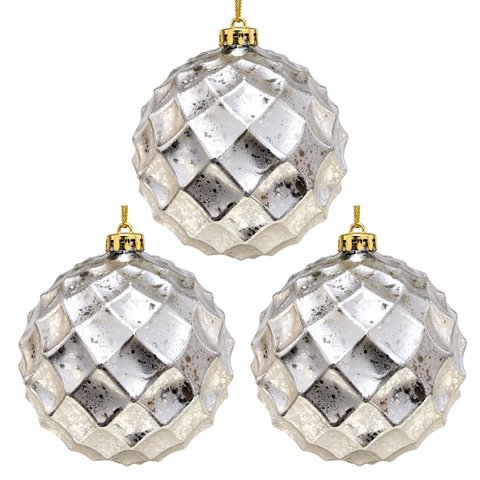 Kit 3 Bolas de Natal Grande 15cm Champanhe Prata Facetada Diamante Luxo