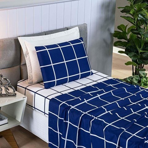 Jogo de Lençol Minimalista Solteiro 3 Peças Percal 200 Fios Quadriculado - Azul Marinho - 100%