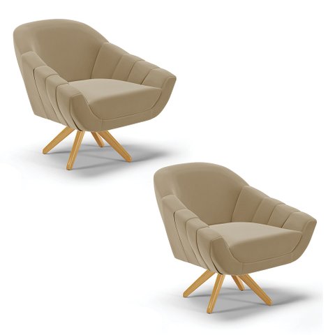 Kit 02 Poltronas Giratória Giovana Suede Base Madeira MA30 - D’Rossi - Marrom Rato