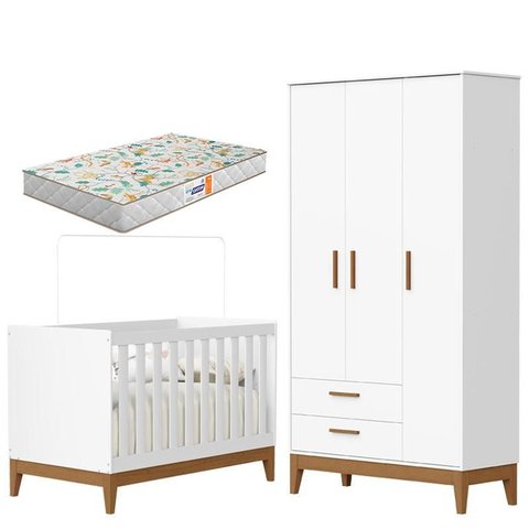 Guarda Roupa Infantil 3 Portas com Berço Americano Flip Branco Acetinado com Colchão Gazin - Reller