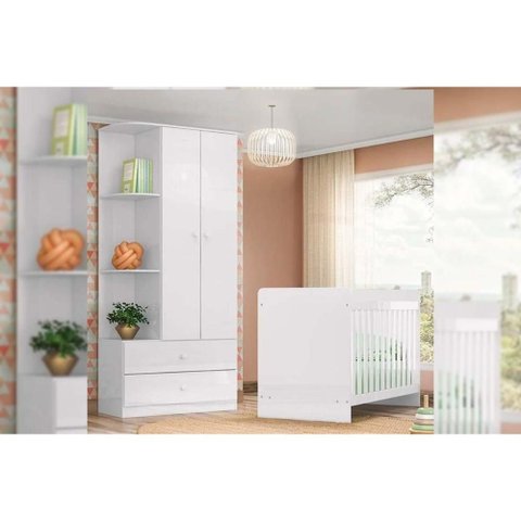 Quarto de Bebê Completo Labirinto 2 Peças (1 Guarda Roupa + 1 Berço) Qi97 Branco - Henn