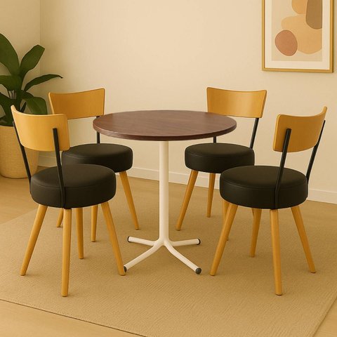 Conjunto Mesa de Jantar Redonda Branca Tampo Imbuia com 4 Cadeiras Estofada Preta Encosto Madeira Ur