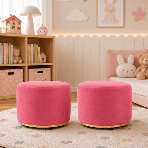 Kit 2 Puff Infantil Premium - Banquinho Redondo Estofado para Quarto, Sala Pés Anti-Umidade Rosa